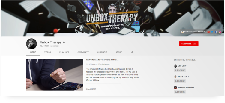 YouTube 上 Unbox Therapy 频道的屏幕截图。