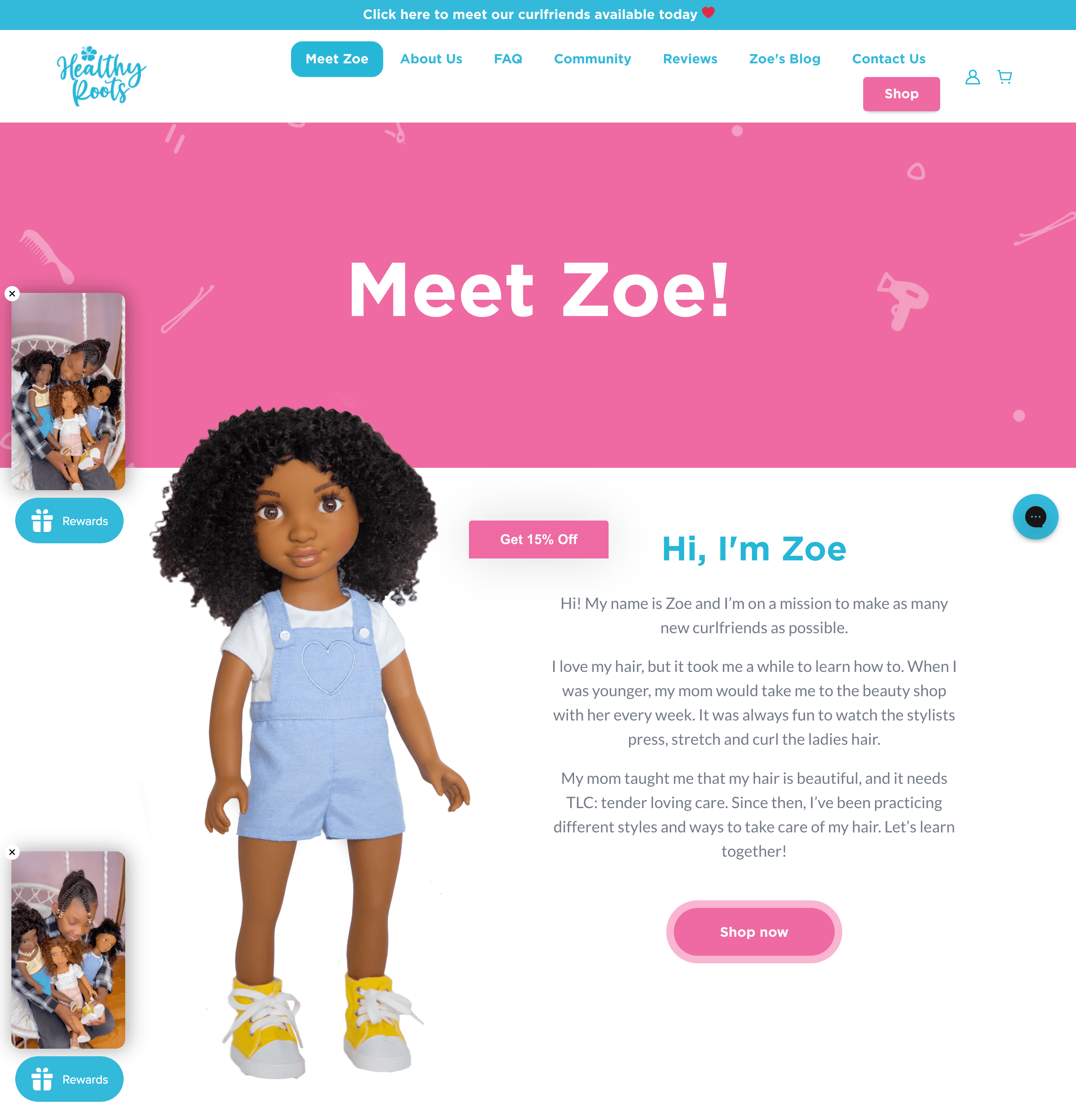 Women Ecommerce Entrepreneurs–ภาพหน้าจอจากเว็บไซต์ Healthy Roots Dolls แนะนำตุ๊กตาของพวกเขา มีชื่อเรื่องว่า “Meet Zoe” และตุ๊กตาผมหยิกขด ใส่ชุดเอี๊ยมสีน้ำเงิน มีวิดีโอทางด้านซ้ายของหน้าที่มีสาวผิวดำถือตุ๊กตา 3 ตัวของเธอและจัดแต่งทรงผม