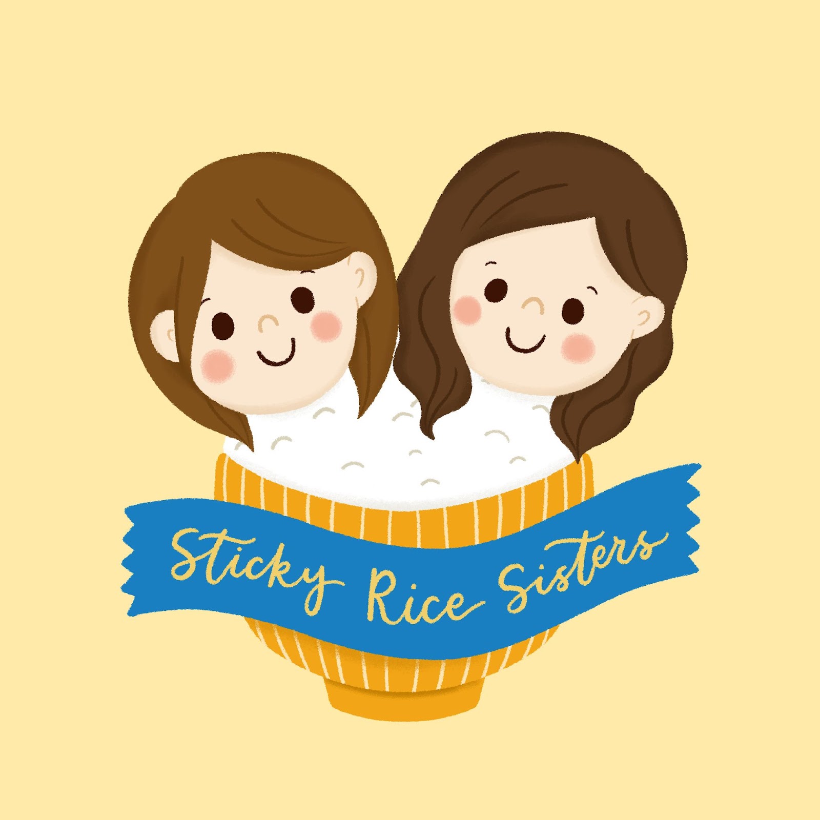 SmileABC Sticky Rice Sisters: la imagen muestra el logotipo de Sticky Rice Sisters, un fondo amarillo con una caricatura de las cabezas de las dos hermanas en un tazón de arroz glutinoso con una pancarta azul frente al tazón que dice "Sticky Rice Sisters".