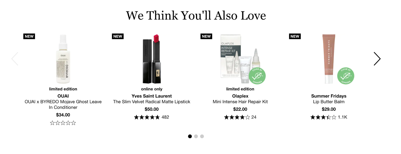 7 ejemplos de programas VIP: una captura de pantalla del sitio web de Sephora que muestra 4 recomendaciones de productos personalizados bajo el título "Creemos que también te encantará".