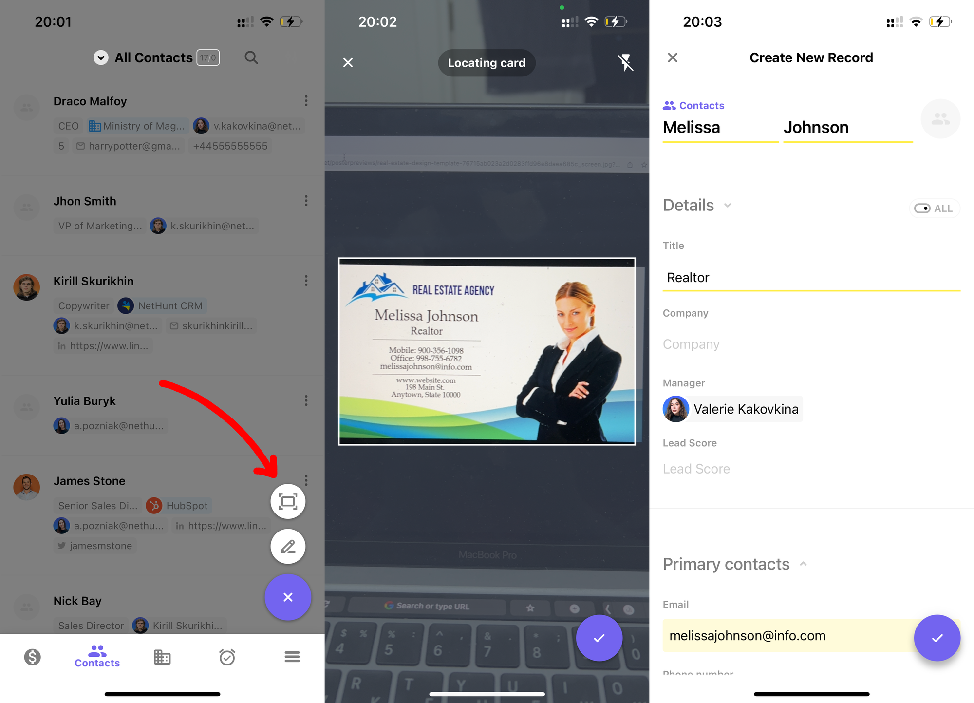 Fonctionnalité de scanner de carte de visite dans NetHunt CRM