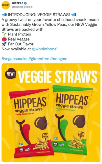 Hippeas top Twwet 宣布推出带有亮黄色产品照片的素食吸管。