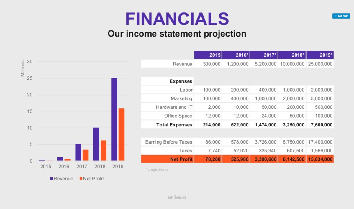 ce este un pitch deck - declarația de venit financiară slide enlive