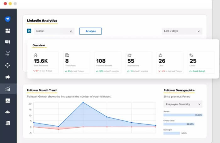 Ferramenta de análise do Social Pilot LinkedIn mostrando tendências de crescimento de seguidores