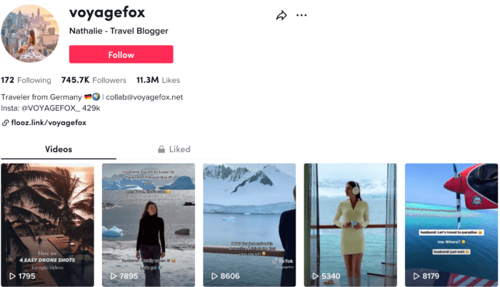 TikTok Voyagefox pokazuje jej status makroinfluencera z ponad 745 tysiącami obserwujących.