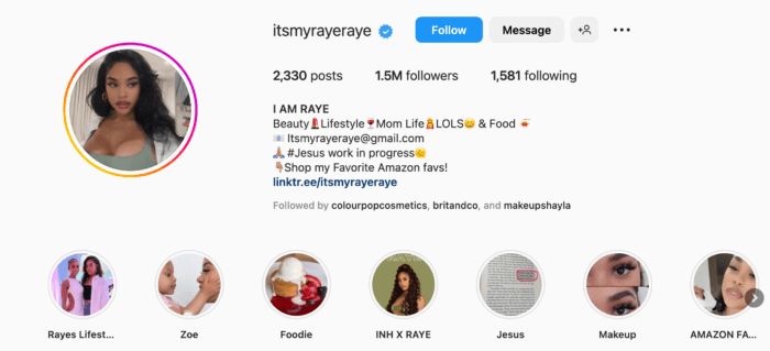 O perfil do Instagram de Raye afirma que seus nichos incluem beleza, estilo de vida e vida de mãe. Seus destaques tornam mais fácil para seus 1,5 milhões de seguidores visualizarem suas histórias no Instagram