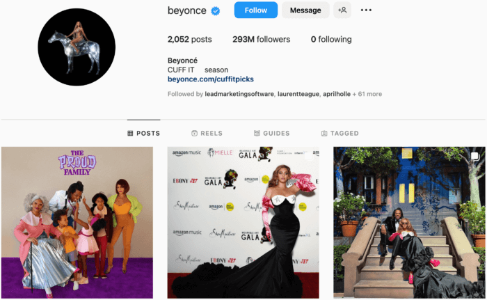 A página do Instagram de Beyonce indica claramente seu status de mega influenciadora