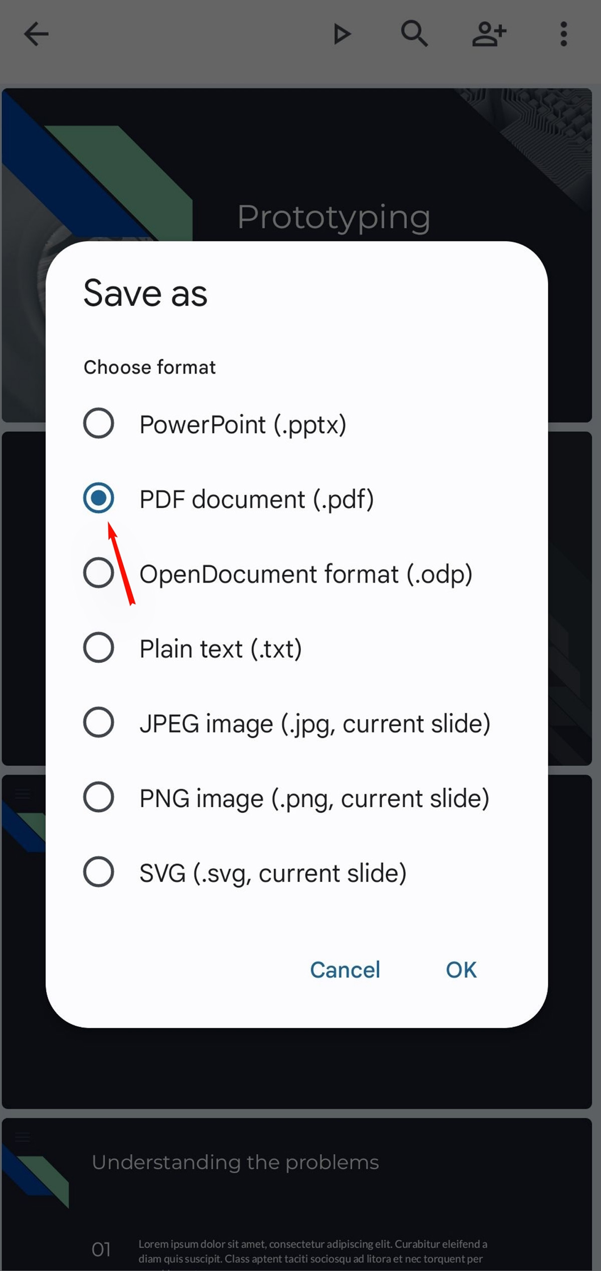 Выберите «Документ PDF (.pdf)» среди других вариантов и нажмите «ОК».