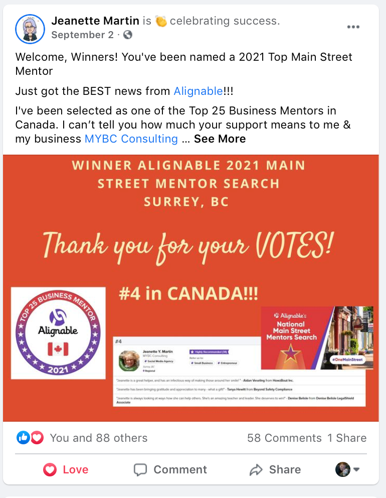 Jeanette Martin Facebook Post for Alignable Contest