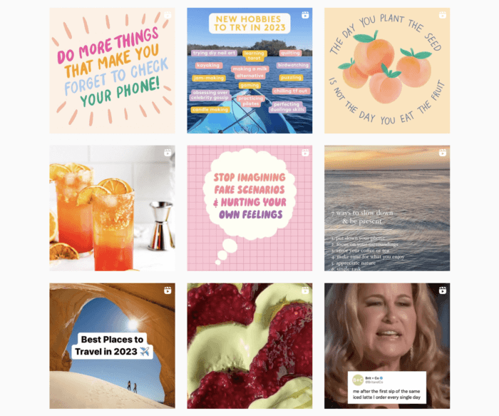 Brit and Co の Instagram フィードには、毎日のインスピレーションの引用、美しく健康的な食べ物の写真、面白いミーム スタイルのビデオが組み合わされた投稿が含まれています。