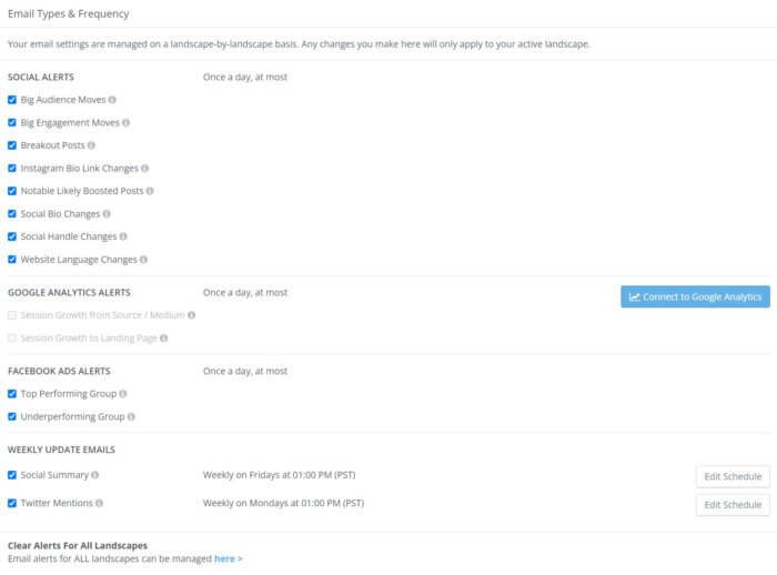 このページで、ソーシャル アラート、Facebook 広告アラート、Google アナリティクス アラートから選択します。設定したアラートの電子メール スケジュールをカスタマイズしたり、ランドスケープのすべてのアラートをクリアしたりすることもできます。