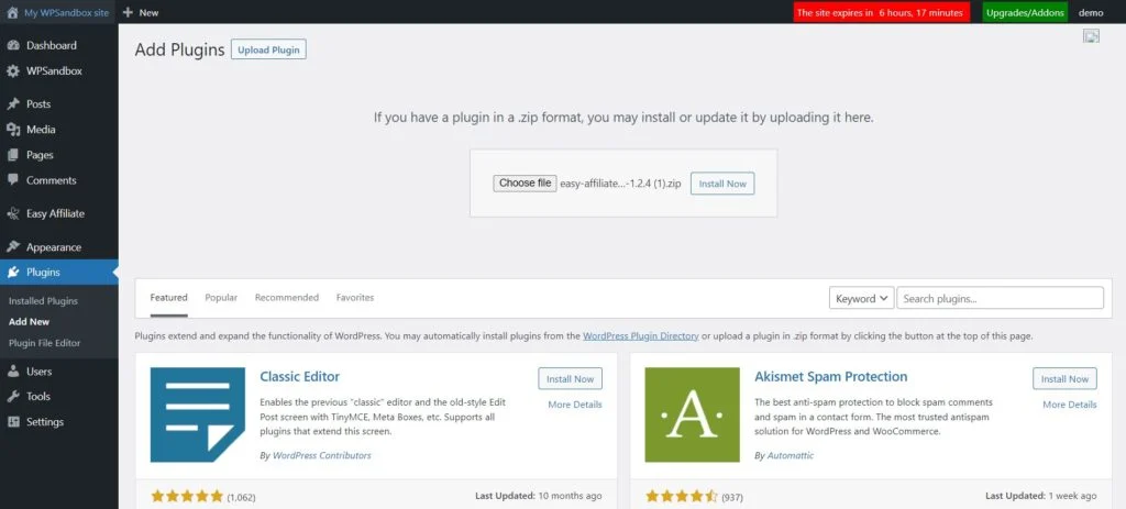 Uploading easy affiliate plugin to wordpress