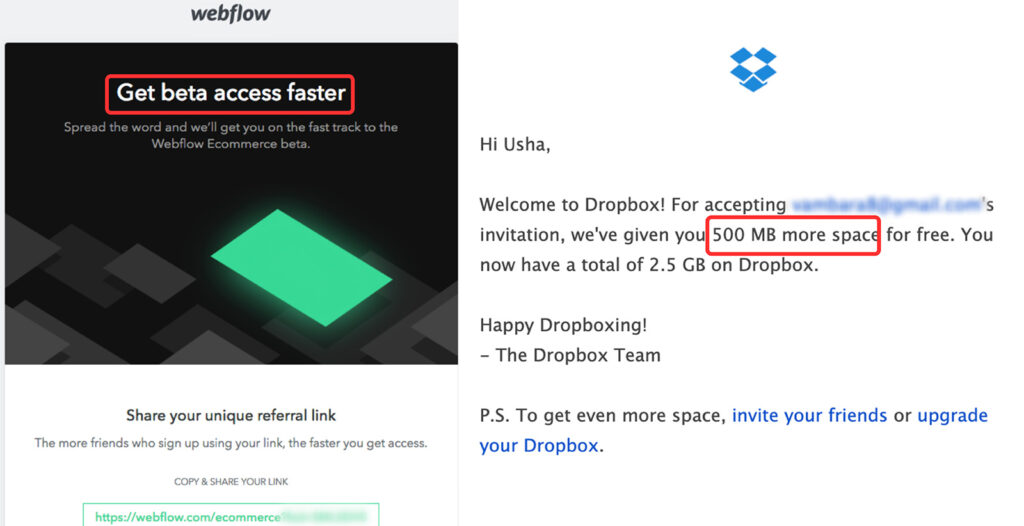 Webflow と Dropbox の電子メールの例