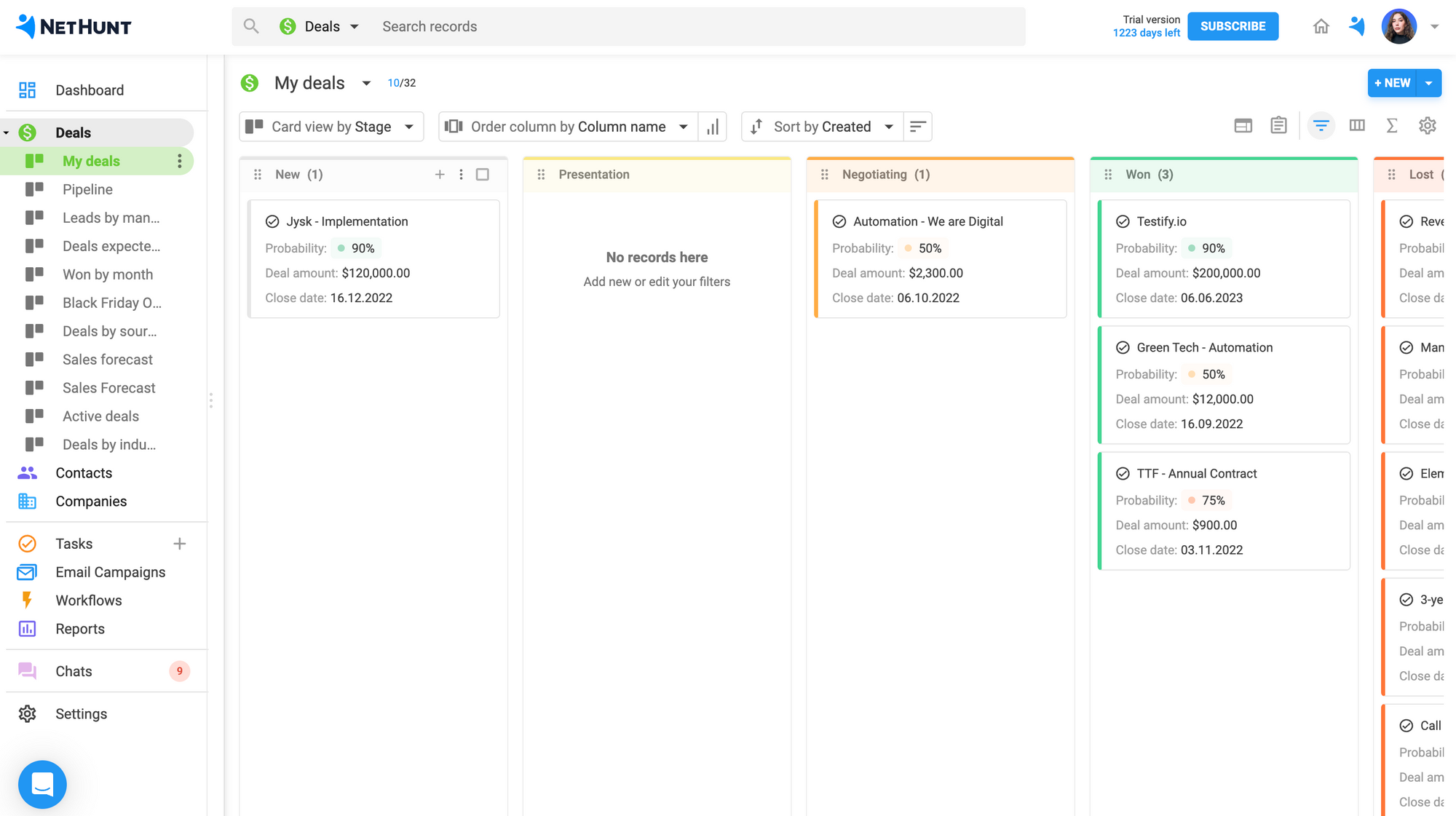 Una captura de pantalla de NetHunt CRM