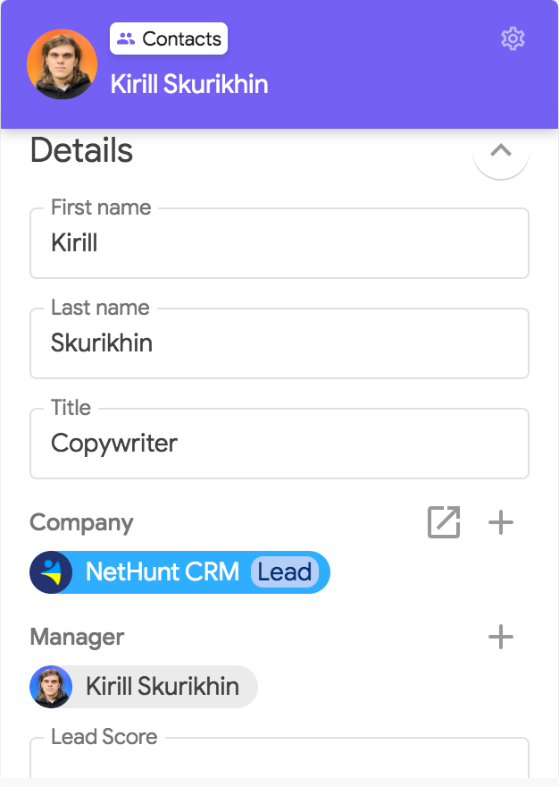 Rekord kontaktu w NetHunt CRM