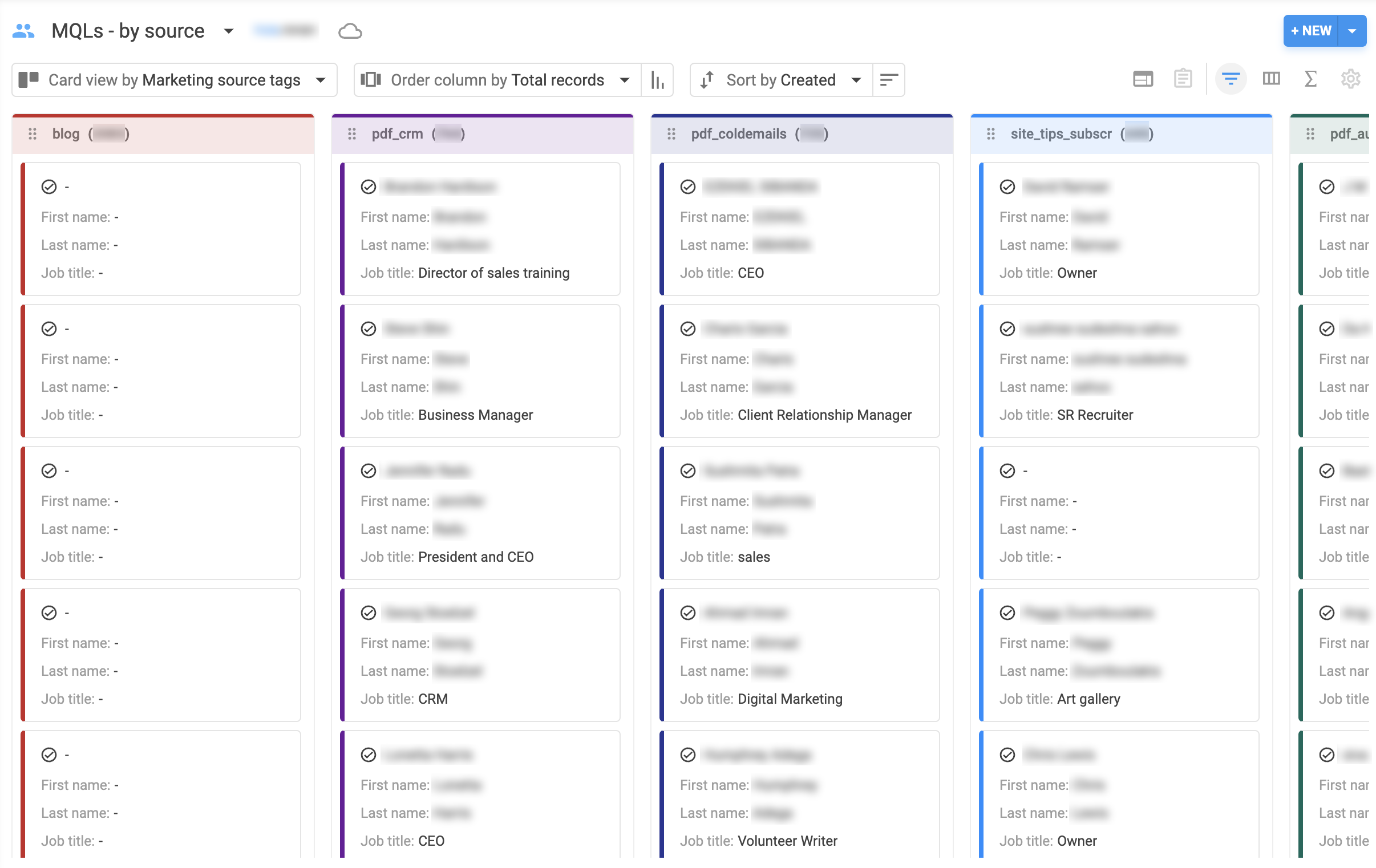 NetHunt CRM 中的自定义视图，其中包含按来源分类的 MQL