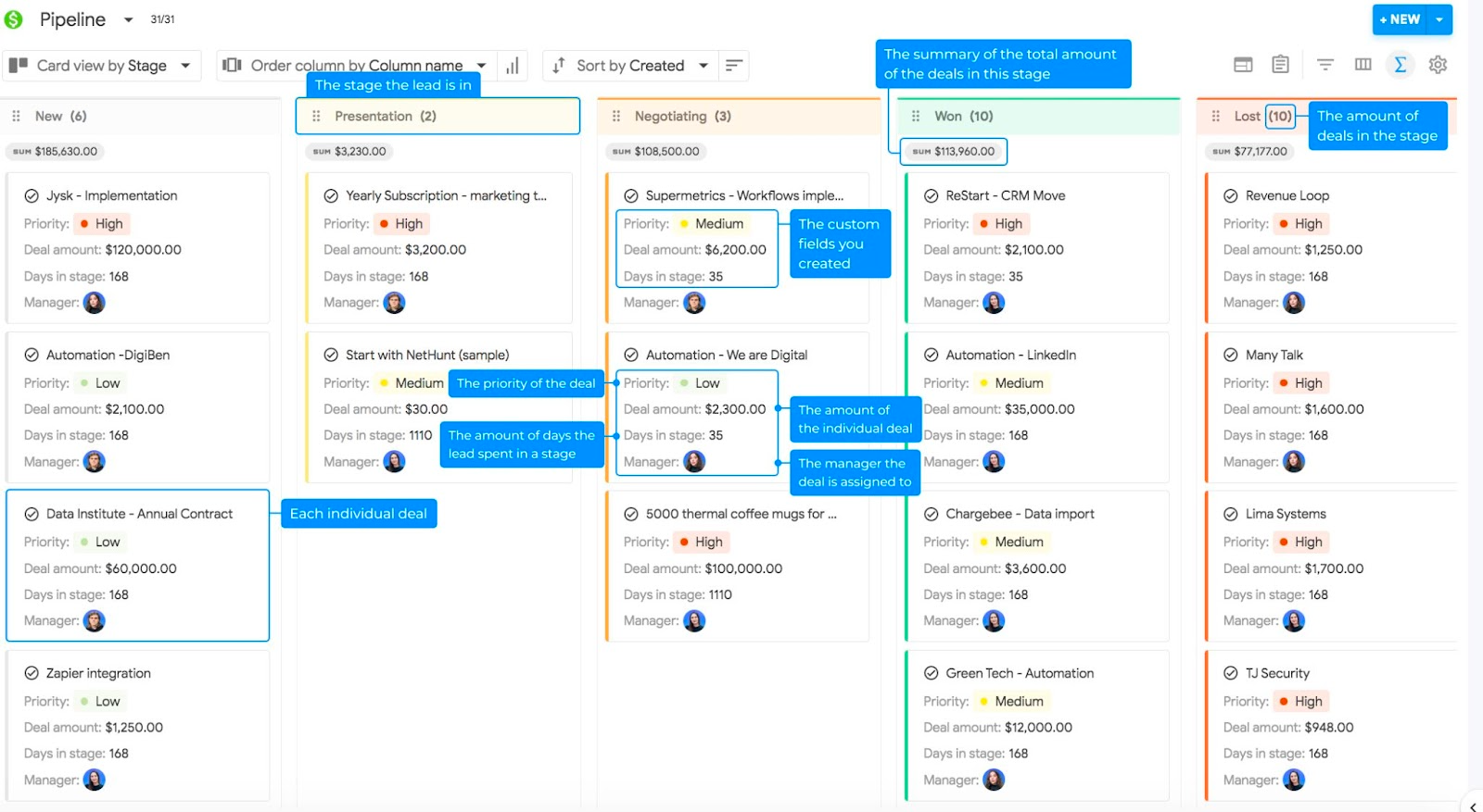 NetHunt CRM 中的銷售渠道示例