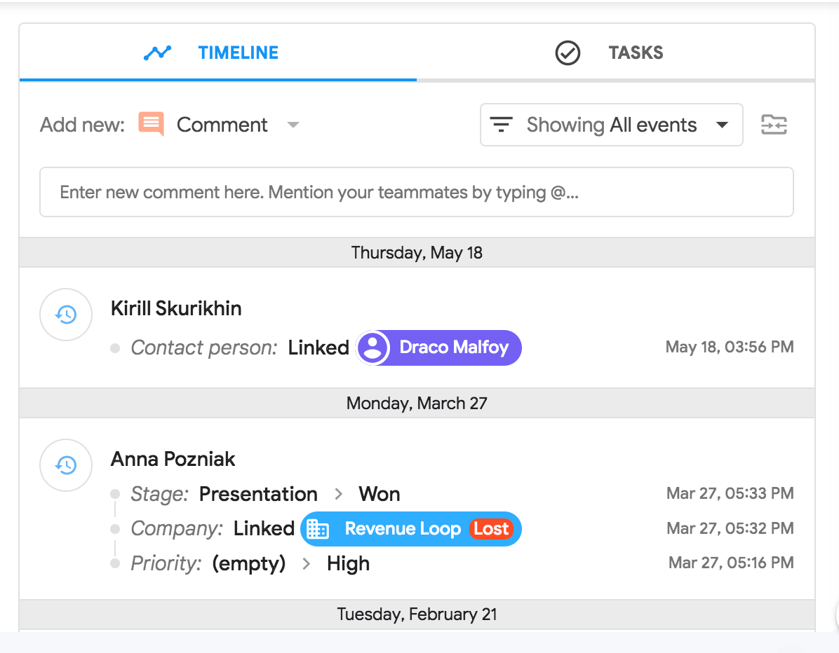 Cronología de actividad en NetHunt CRM