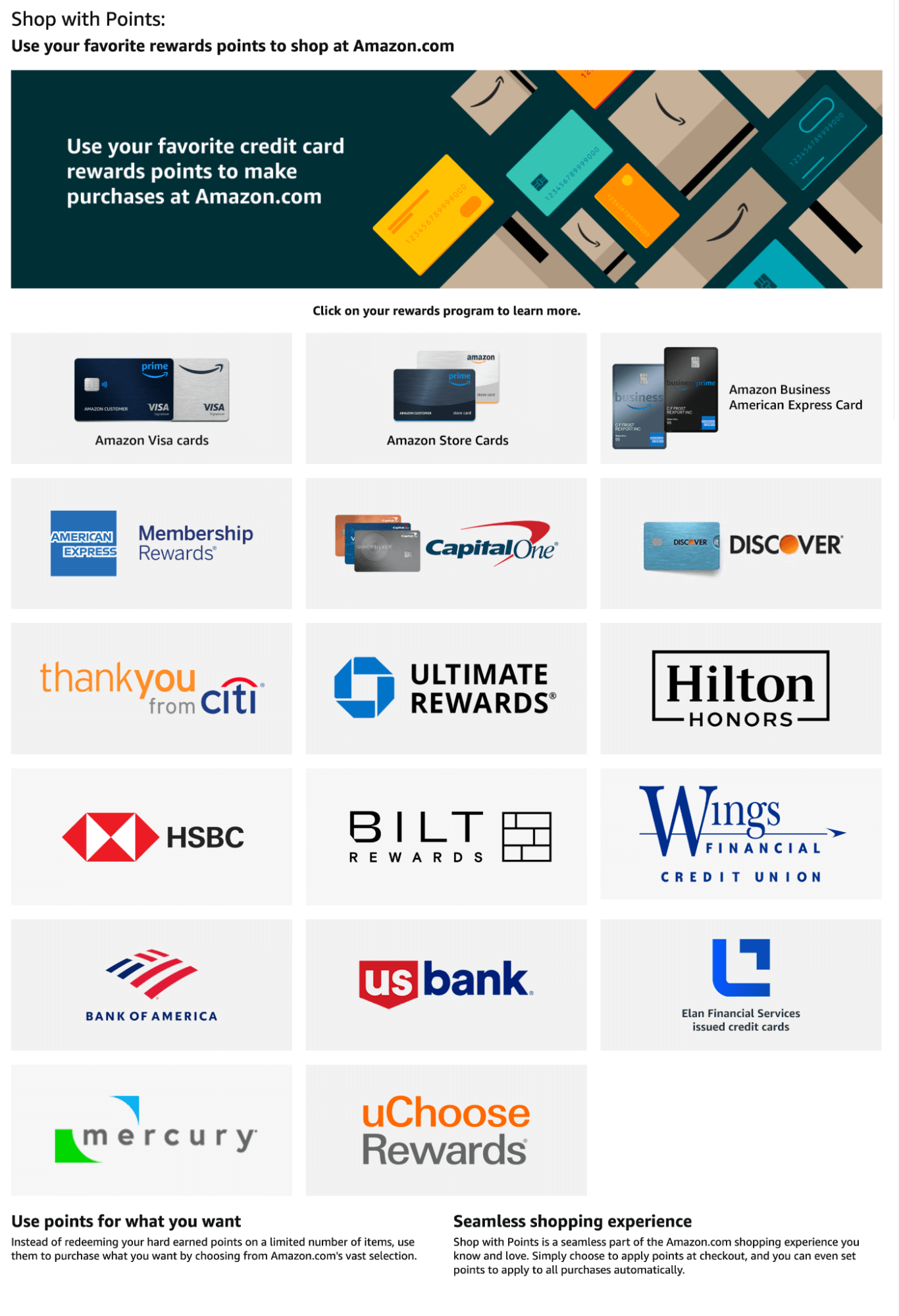 Amazon Shop with Points 페이지 스크린샷: 좋아하는 신용 ​​카드 리워드 포인트를 사용하여 Amazon.com에서 구매하세요. Amazon Visa 카드, Amazon 매장 카드, Amazon Business American Express 카드, American Express Membership Rewards, Capital One, Discover, Thank you from Citi, Ultimate Rewards, Hilton Honors, HSBC, Bilt Rewards, Wings Financial Credit Union, Bank of America, US Bank, Elan Financial Services 발급 신용 카드, Mercury 및 uChoose Rewards.