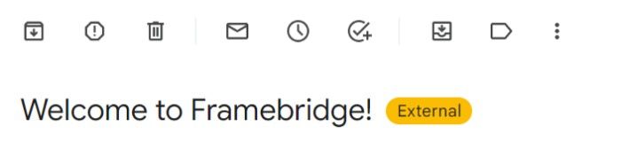 顯示 Framebridge 歡迎電子郵件主題行的屏幕截圖：歡迎使用 Framebridge！