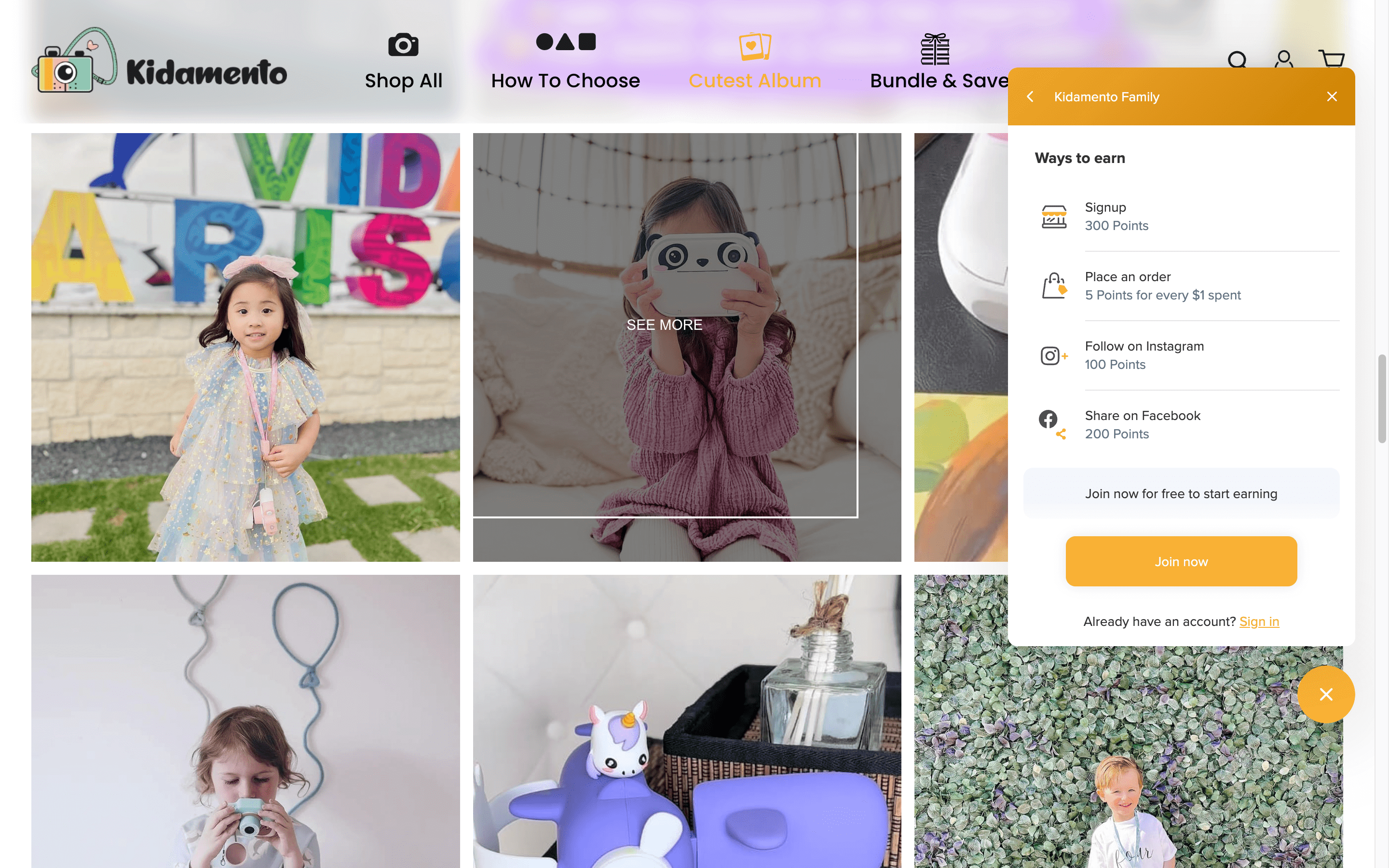 Скриншот страницы сайта Kidamento под названием «Самый милый альбом». Он показывает мозаичную галерею фотографий детей, использующих свои камеры. В правой части страницы находится панель программы лояльности, показывающая способы заработка: зарегистрироваться, разместить заказ, подписаться на Instagram и поделиться на Facebook.