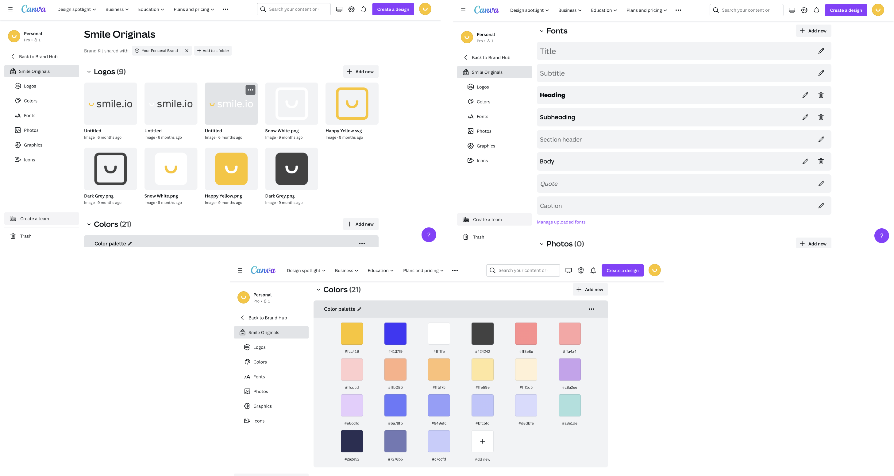 Скриншот, показывающий 3 изображения фирменного комплекта Smile в Canva Pro. Он показывает все логотипы, цвета и шрифты, которые использует Smile.