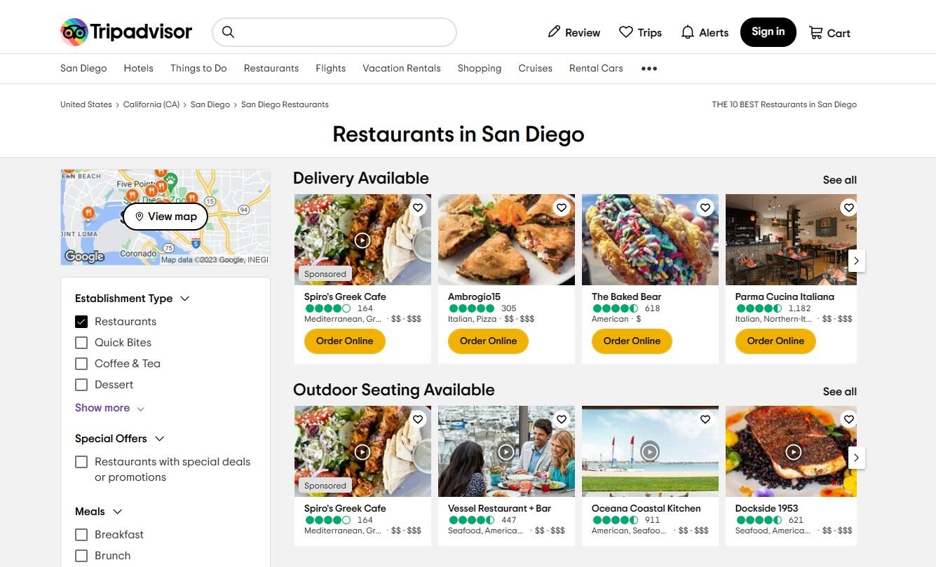 Zrzut ekranu najlepszych restauracji Trip Advisor w San Diego