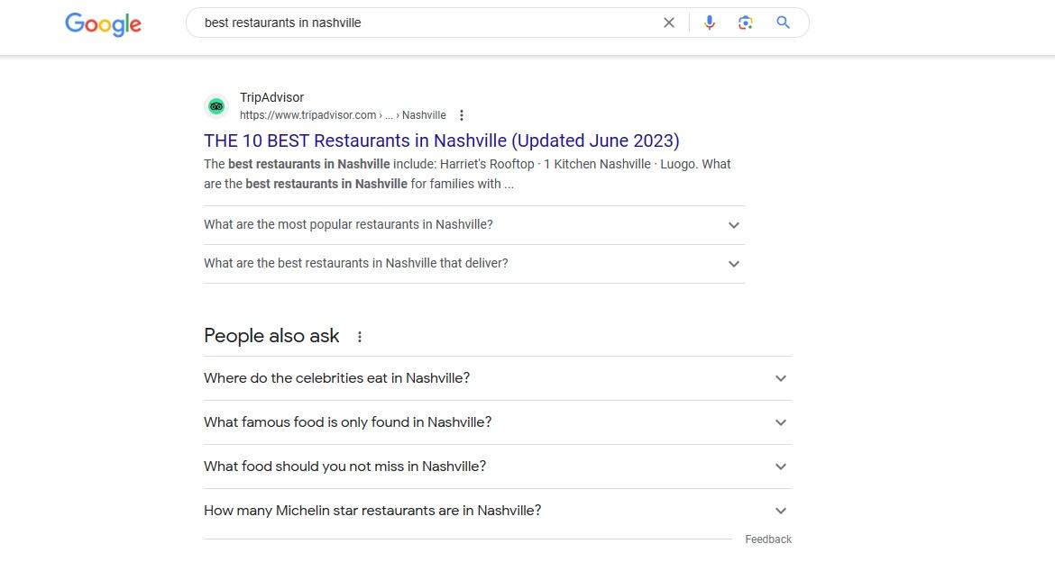 Zrzut ekranu wyników Google dla najlepszych restauracji w Nashville