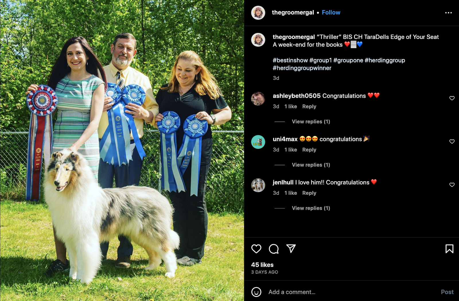 La influencer de Instagram Lindsey sostiene una cinta Best-In-Show con su collie. Dos jueces están a su lado sosteniendo dos cintas azules cada uno.