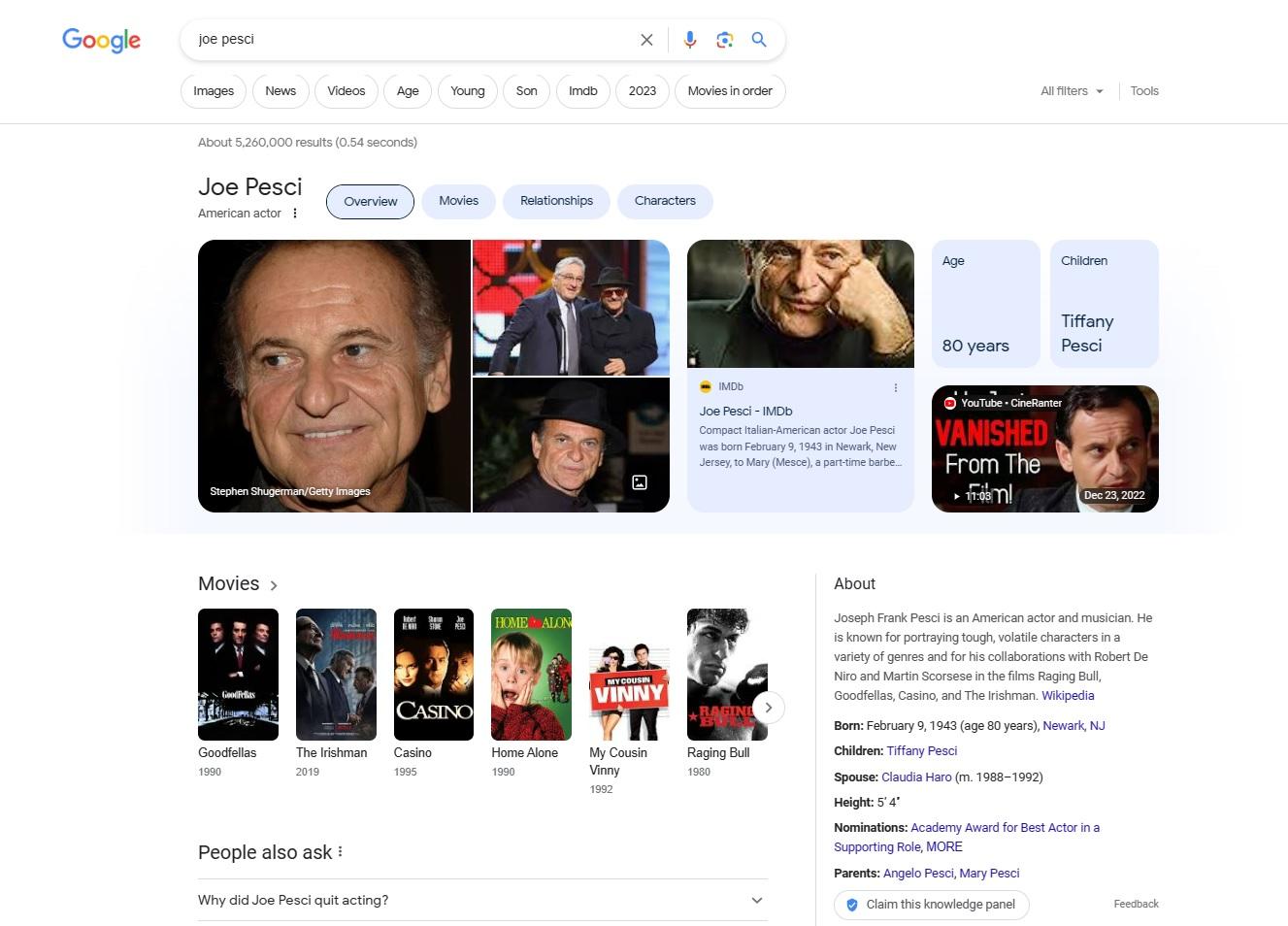 Screenshot dei risultati per Joe Pesci