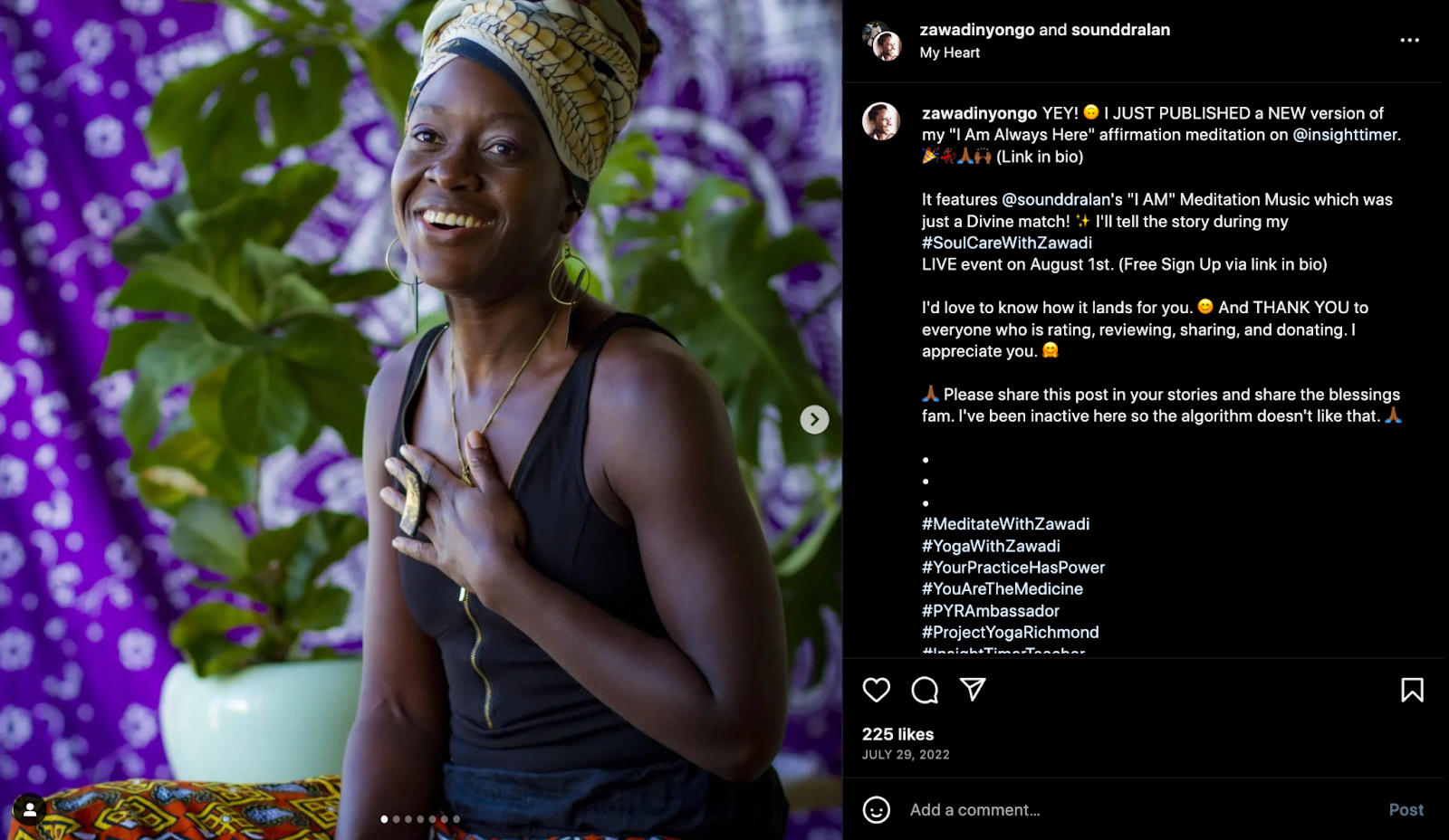 Screenshot der Influencerin Zawadi Nyong'o, die sich bei ihren Followern für ihren Beitrag zu ihrem Crowdfunding bedankt. Sie lächelt mit der Hand über ihrem Herzen.