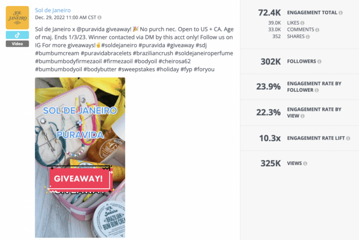 Eine Rival-IQ-Analyse schlüsselt ein TikTok-Video-Werbegeschenk aus Sol de Janeiro auf. Das Gewinnspiel erfolgt in Zusammenarbeit mit Pura Vida.