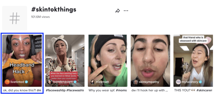 Los resultados de búsqueda del hashtag Skin Tok Things en TikTok muestran un video de la marca de belleza LIVE TINTED como primer resultado.