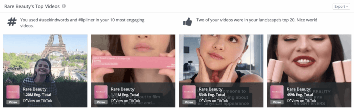 L'analisi TikTok di Rival IQ mostra le miniature dei primi quattro video TikTok di Rare Beauty, organizzati per coinvolgimento totale.