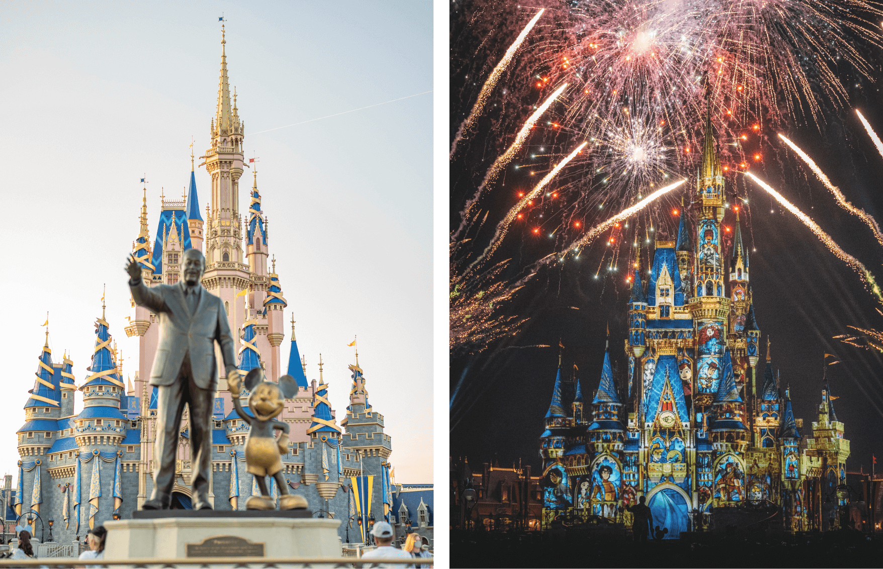 2 imágenes que muestran el Castillo de Cenicienta en Walt Disney World en Florida, EE. UU. de día y de noche. La primera imagen muestra el extravagante castillo dorado, blanco y azul en el fondo con una estatua de Walt Disney sosteniendo la mano de Micke Mouse en primer plano. La segunda imagen muestra el castillo de noche, rodeado de fuegos artificiales rojos y dorados. El castillo está decorado con una pantalla de luces que muestra animaciones de diferentes personajes icónicos de Disney como Pocahontas, Aladdin, Blancanieves, Cenicienta, Woody, Elsa, Anna, Aurora y más.