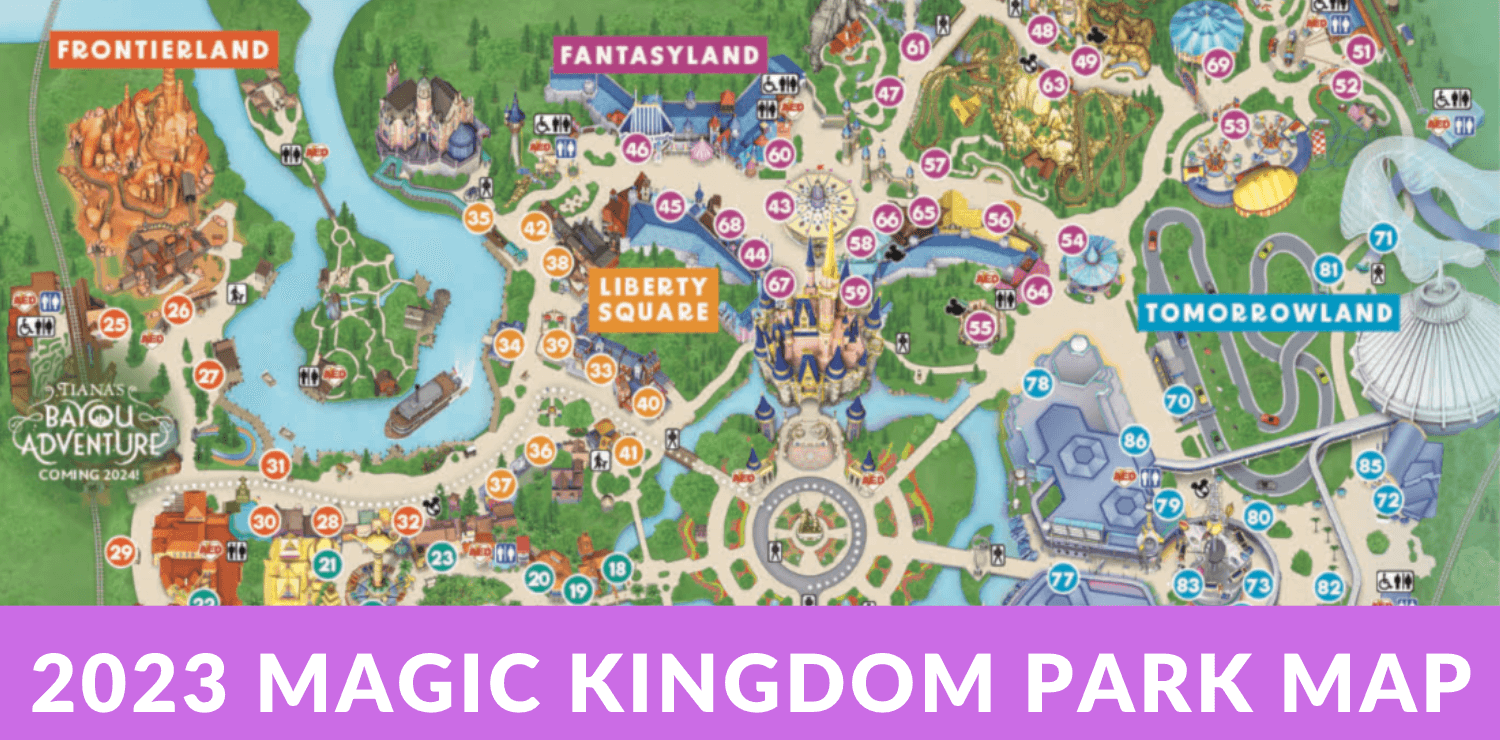 Un mapa a vista de pájaro del parque Magic Kingdom de Walt Disney World, que destaca las principales atracciones, restaurantes, atracciones y más. Diferencia específicamente los diferentes distritos de Magic Kingdom al etiquetar y codificar con colores sus atracciones. De izquierda a derecha, los visibles son Frontierland, Liberty Square, Fantasyland y Tomorrowland.