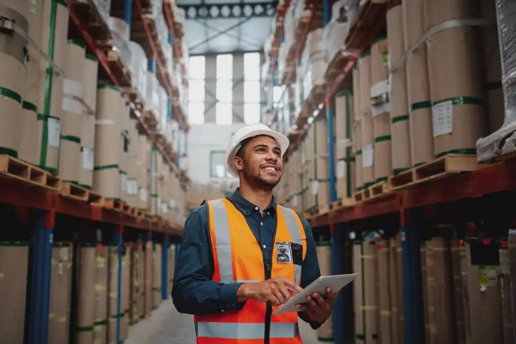 Employé d'entrepôt localisant le stock à l'aide d'ipad