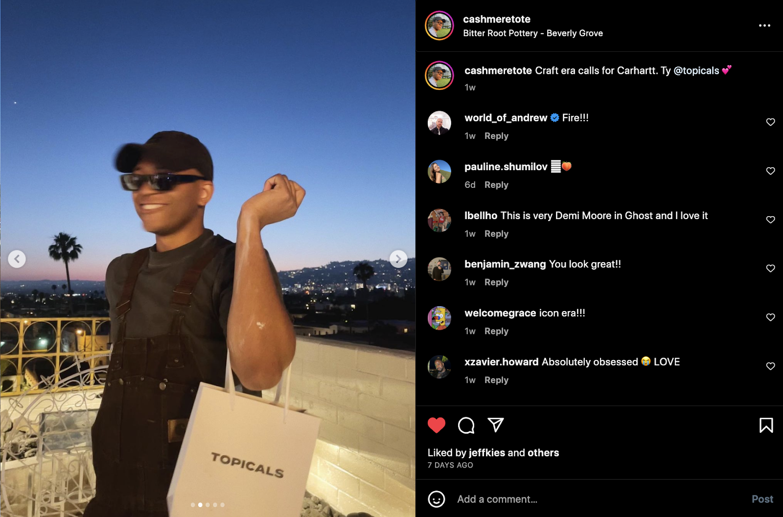 Capture d'écran d'une publication Instagram de marketing d'influence dans laquelle un homme sourit à la caméra en montrant son sac à provisions Topicals.