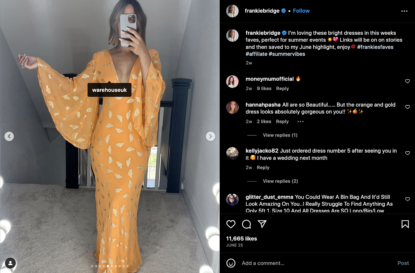 Capture d'écran d'une publication Instagram de marketing d'affiliation dans laquelle une femme pose en robe orange et dorée avec des manches cloche évasées.