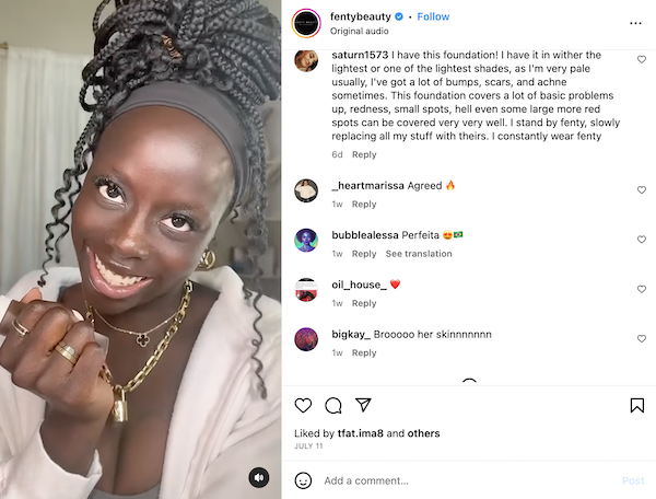 Influencer'ın Instagram'daki makyaj videosu, Fenty Beauty'nin marka kişiliğini oluşturmaya yardımcı oluyor