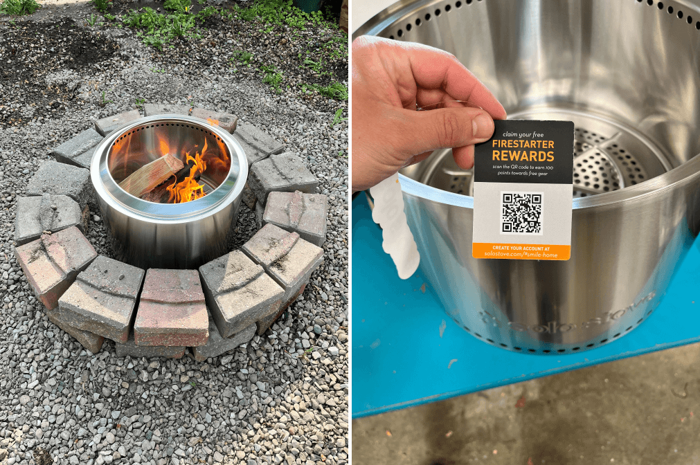 Solo Stove の製品を示す 2 つの画像を並べて表示します。最初の画像は、レンガでできた焚き火台に囲まれた、中に小さな火が灯っている銀色の金属製のストーブを上から見た図です。 2枚目の画像は、商品に付いているタグを持っている人のアップ写真です。タグには説明テキストが記載された QR コードが付いています。無料の Firestarter Rewards を請求してください。 QR コードをスキャンすると、無料ギアの 100 ポイントを獲得できます。 Solostove.com/#smile-home でアカウントを作成してください。