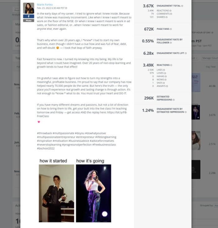 Post na Facebooku influencerki Marie Forleo przedstawia jej historię wraz z dwoma zdjęciami – zdjęcie „jak to się zaczęło” przedstawia Marie w roli korporacyjnej, a zdjęcie „jak leci” przedstawia gwiazdę na scenie występującą przed tłumem.