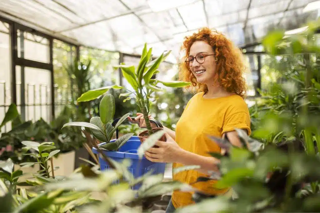 Frau bewundert verfügbare Pflanzen im Gartencenter