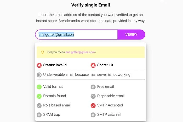 Breadcrumbs Verificador de correo electrónico gratuito