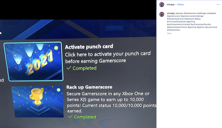 En un ejemplo de gamificación, un jugador de Xbox Gameriscore muestra su Gamerscore completo en una publicación de Instagram.