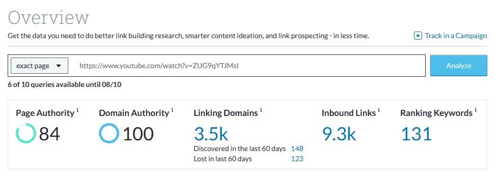 Screenshot moz untuk profil backlink video youtube