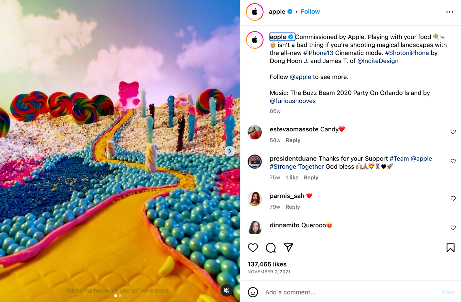 キャンディーで作られた幻想的な風景を示すカラフルな Instagram 投稿のスクリーンショット。