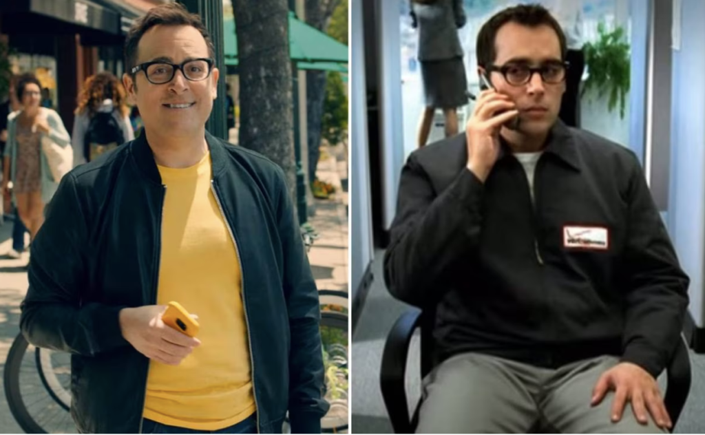 Immagine fianco a fianco di un uomo con gli occhiali che finge di essere il portavoce di Sprint e Verizon.