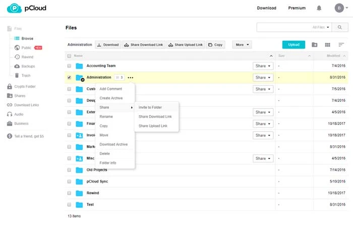 Outil de sauvegarde de données gratuit Pcloud