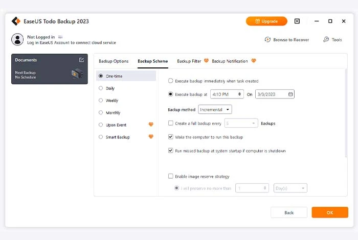 painel de backup de tarefas easyus